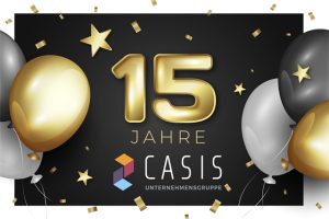 15 Jahre CASIS - Grafik mit Luftballons, goldenen Sternen und der Zahl 15 in Gold