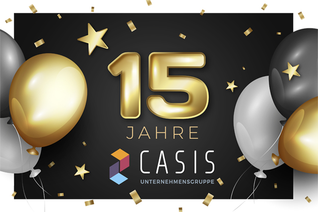 15 Jahre CASIS - Grafik mit Luftballons, goldenen Sternen und der Zahl 15 in Gold