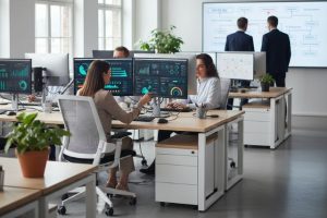 Symbolbild für den Prüfungsstandard IDW PS 951: eine Büroumgebung, in der sich Menschen an Bildschirmen Systeme und Kennzahlen kontrollieren
