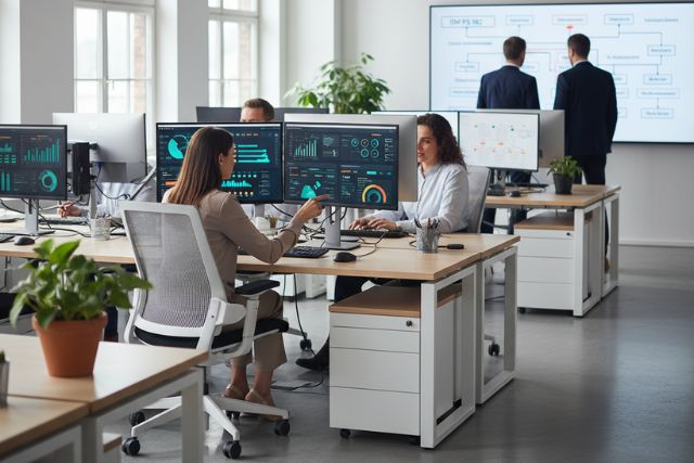 Symbolbild für den Prüfungsstandard IDW PS 951: eine Büroumgebung, in der sich Menschen an Bildschirmen Systeme und Kennzahlen kontrollieren