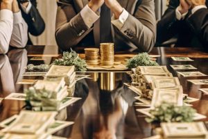 Symbolbild: Besprechungstisch mit Geldscheinen und Münzen symbolisiert Steuervergünstigung bei Grunderwerbssteuer