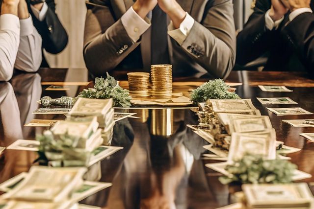 Symbolbild: Besprechungstisch mit Geldscheinen und Münzen symbolisiert Steuervergünstigung bei Grunderwerbssteuer