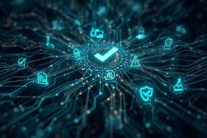 Symbolbild: Abstrakte Darstellung von KI-Netzwerken + Compliance-Symbolik mit Leiterplatten, Datenströme, kombiniert mit Häkchen, Schild, Dokumenten symbolisiert KI-Governance und Compliance für Unternehmen durch den AI Act.