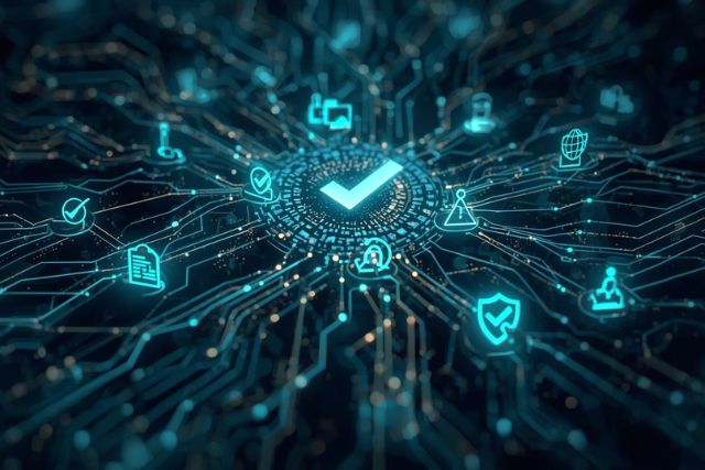 Symbolbild: Abstrakte Darstellung von KI-Netzwerken + Compliance-Symbolik mit Leiterplatten, Datenströme, kombiniert mit Häkchen, Schild, Dokumenten symbolisiert KI-Governance und Compliance für Unternehmen durch den AI Act.