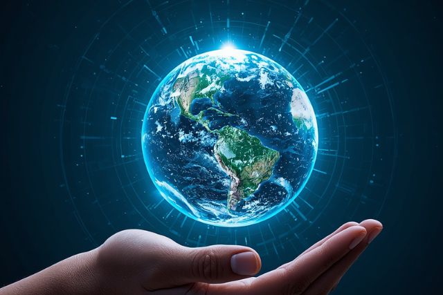 Symbolbild: Eine Hand mit einer darüber schwebender Erde, die die ESG-Risiken symbolisiert, darum Lichtreflexe, die Künstliche Intelligenz symbolisieren